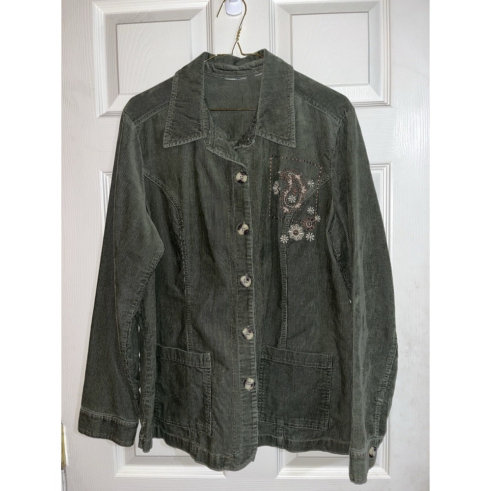 Vtg Corduroy women's shacket Lightweight Green Paisley Embroidery basic elements